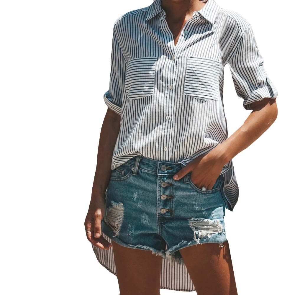 fashion woman All Season Sexy V neck Casual shirts Womens Cotton long Sleeve Stripe Printing Fashion Pocket Tank Top #EW