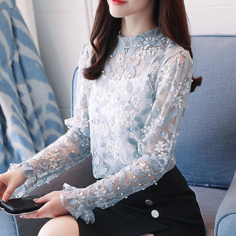 fashion woman blouses 2022 long sleeve lace women's shirt hollow out floral clothing loose beading feminine blouse 0795 30