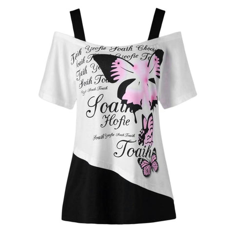 New Summer Fashion Sexy Women Butterfly Printing Off Shoulder Shirt Short Sleeve Casual Camis Top Clothes