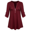 New Women Blouse Summer Autumn Top 2022 Fashion V Neck Long Sleeve Roll-up Sleeve Zipper Chiffon Shirt Casual Tops Tees