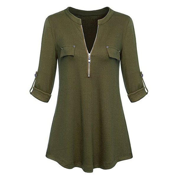 New Women Blouse Summer Autumn Top 2022 Fashion V Neck Long Sleeve Roll-up Sleeve Zipper Chiffon Shirt Casual Tops Tees
