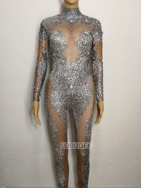 female costume Crystal jumpsuit Sexy stretch leotard Rompers Shining stone stage wear Sparkling Diamond party nightclub prom
