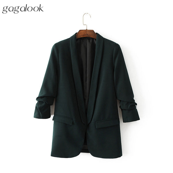 Green Blazer Women Autumn Winter Long Roll Sleeves Design Suit Jacket Ladies Suit Blazer Female Coat C0049