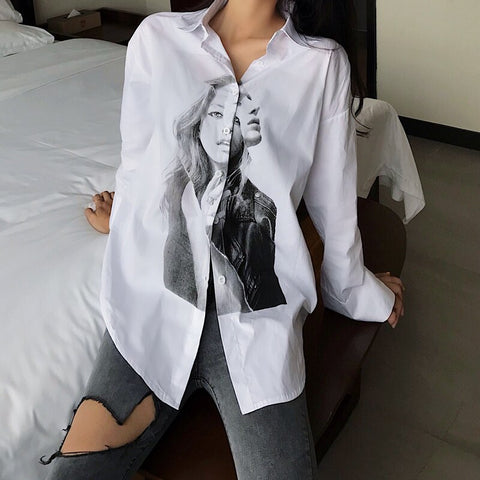 harajuku BF style women Blouses character printing blouses Shirts long sleeve turn-down collar Blusas Mujer