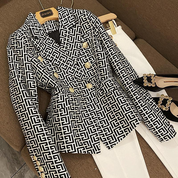high-end classic women blazer Double row metal buttons Geometric Slim Fit Blazer short formal work clothes women office clothing