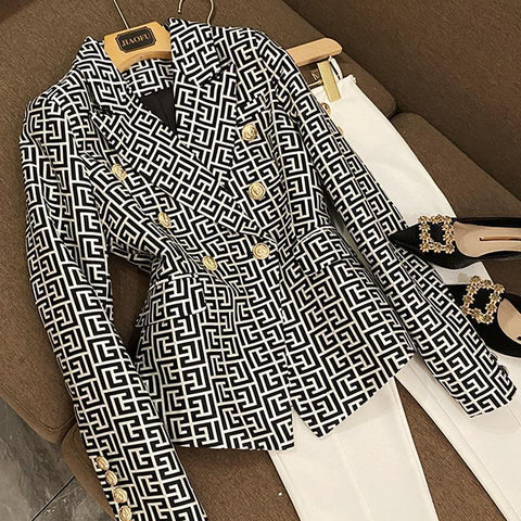 high-end classic women blazer Double row metal buttons Geometric Slim Fit Blazer short formal work clothes women office clothing
