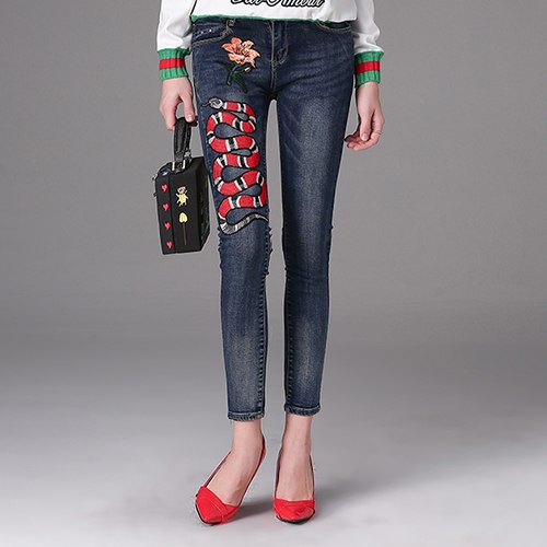 high quality luxury brand high-graden snake and flower embroidery jeans woman dark color salamanders Denim Long female softener