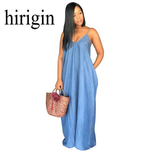 hirigin 2022 Women Lady Boho Backless Summer Long Denim Maxi Dress Women Jean Dresses Loose Strapless Vestidos Plus stockout