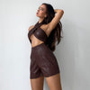 hirigin 2023 Summer Women Faux Leather 2 Piece Backless Halter Tanks Shorts Set Bodycon Sexy Streetwear Casual Party Club Y2K