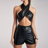 hirigin 2023 Summer Women Faux Leather 2 Piece Backless Halter Tanks Shorts Set Bodycon Sexy Streetwear Casual Party Club Y2K