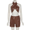 hirigin 2023 Summer Women Faux Leather 2 Piece Backless Halter Tanks Shorts Set Bodycon Sexy Streetwear Casual Party Club Y2K