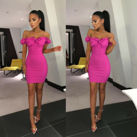 Brand  Women's Off Shoulder Bandage Lovely Sexy  Fold Bodycon Evening Party Club Mini Dress