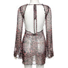 hirigin Leopard Print Backless Dress Women Long Sleeve Mesh Dress 2022 Spring Halter Transparent Sexy Club Dress Vestidos