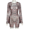 hirigin Leopard Print Backless Dress Women Long Sleeve Mesh Dress 2022 Spring Halter Transparent Sexy Club Dress Vestidos