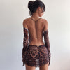 hirigin Leopard Print Backless Dress Women Long Sleeve Mesh Dress 2022 Spring Halter Transparent Sexy Club Dress Vestidos