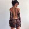 hirigin Leopard Print Backless Dress Women Long Sleeve Mesh Dress 2022 Spring Halter Transparent Sexy Club Dress Vestidos