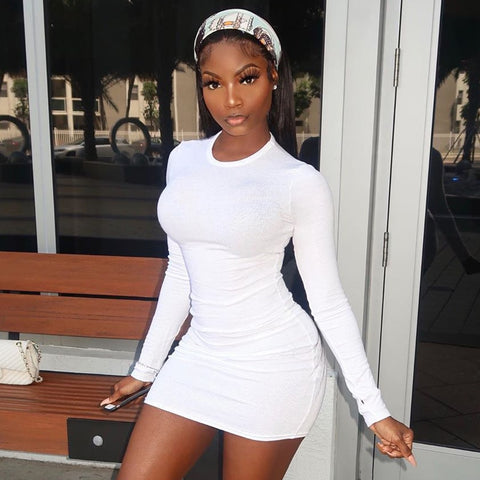 Long Sleeve Ribbed Bodycon Women Party Dresses Autumn Winter 2022  Skinny Solid Mini Dress O-Neck Sexy Clubwear