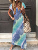 Tie Dye Gradient Casual Maxi Dress Summer Women Short Sleeve Loose Long Dress Plus Size Ethnic Style Print Dress