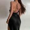 Satin Silky Spaghetti Strap Summer Split Midi Dress Elegant Sleeveless Backless Club Party Outfits Sexy Dresses