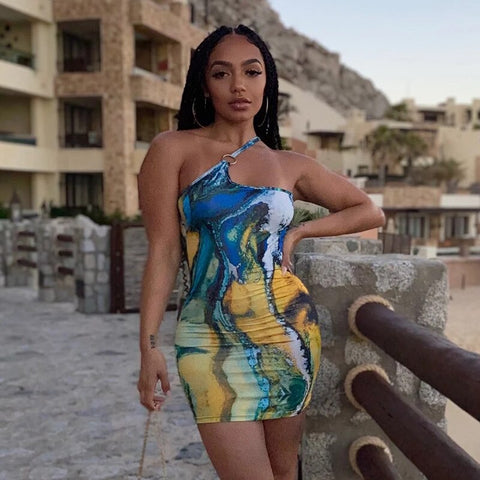 Sleeeveless Mini Dresses One Shoulder Print Clubwear One Shoulder Female Bodycon Dress Sexy Casual Women Clothing