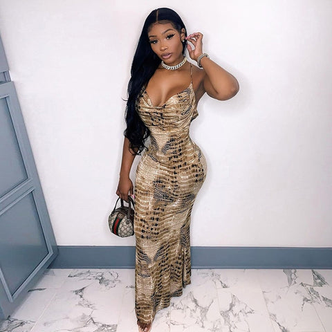 hirigin Sleeveless Snake Print Backless Skinny Maxi Dress Autumn Winter Women  Sexy Party Club Wear 2022