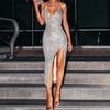 hirigin Summer Sexy V Neck Maxi Dress Elegant Sleeveless Evening Party Long Dress Spaghetti Strap Sequin Slit Bodycon Dress
