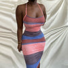 Women 2022 Sexy Lady Street Casual Black Red Simple Bodycon Mid Dress Striped Bandage Sleeveless Low Cut Dress