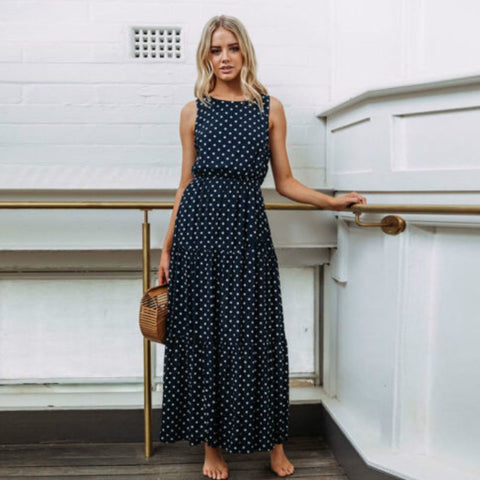 Women Summer Boho Casual Sleeveless  Dress Homewear Polka-dot Party Beach  Long Maxi Navy Dress Sundress  Drop