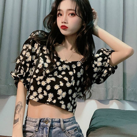 crop top women daisy Short blouse vintage 2023 summer print Floral shirt Casual Chiffon women blouses boho tops