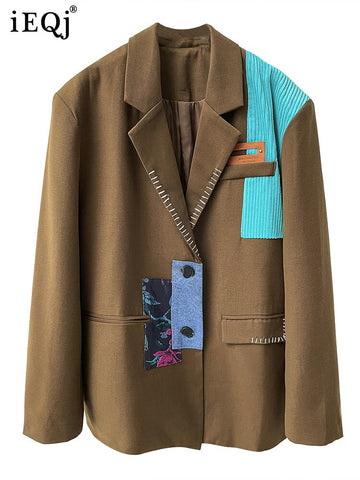 [iEQj] 2023 Autumn Suit Coat Ladies Color-bock Patchwork Asymmetric Long Sleeve Loose Blazer Women's Clothing 3W2562