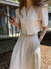 iYunDo Summer Women Suits Notched Neck Single Button Cropped Jacket Long Pleated Skirt 2 Pieces Sets Female Clothing