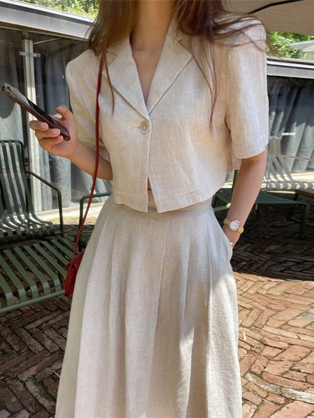 iYunDo Summer Women Suits Notched Neck Single Button Cropped Jacket Long Pleated Skirt 2 Pieces Sets Female Clothing