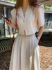 iYunDo Summer Women Suits Notched Neck Single Button Cropped Jacket Long Pleated Skirt 2 Pieces Sets Female Clothing