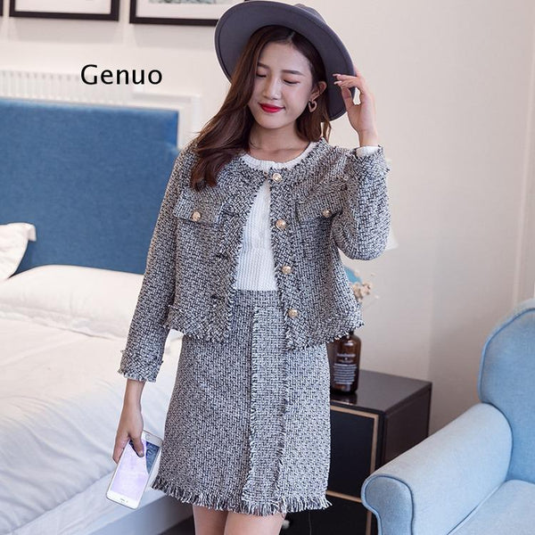 jacket asymmetrical pearls tweed skirt suit runway tweed suit runway autumn winter women 2 piece set
