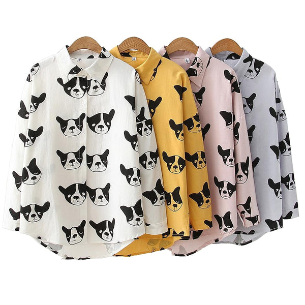 kawaii Dog Printed White Blouse Women clothes 2023 Streetwear Tops Turn Down Collar Long Sleeve Cotton Loose Boyfriend Shirt 448