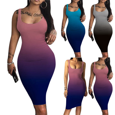 ladies sexy Gradient bodycon dress Women Summer Print Tank U-neck Dress female plus size Sleeveless Midi Club Dress vestidos
