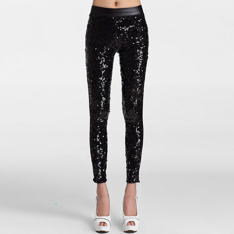 lady punk rock Sequins leggings girl gothic hip hop disco pant silver gold red blue patchwork immitation leather leggings