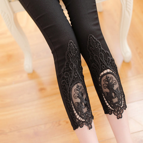 lady short lace capris fashion casual slim pencil pants women summer black white skinny leggings knee length trousers
