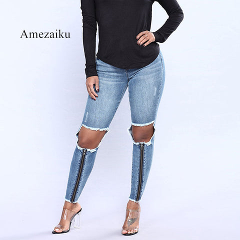 leg zip up pantalones de mujer Leggings knee hole Skinny strenth Jeggings high waist ripped Denim Pencil jeans For Women beg