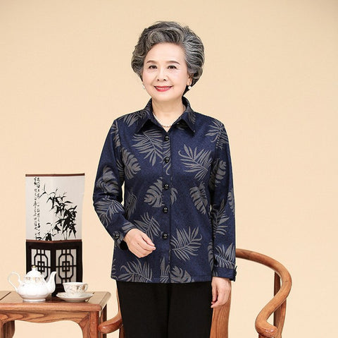 long sleeves casual chemise spring fall middle age women blouse plus size mother printed button top female shirt grandma clothes