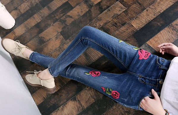 new Stretch Rose embroidered Jeans Women Elastic Jeans Female Pencil Denim Pants