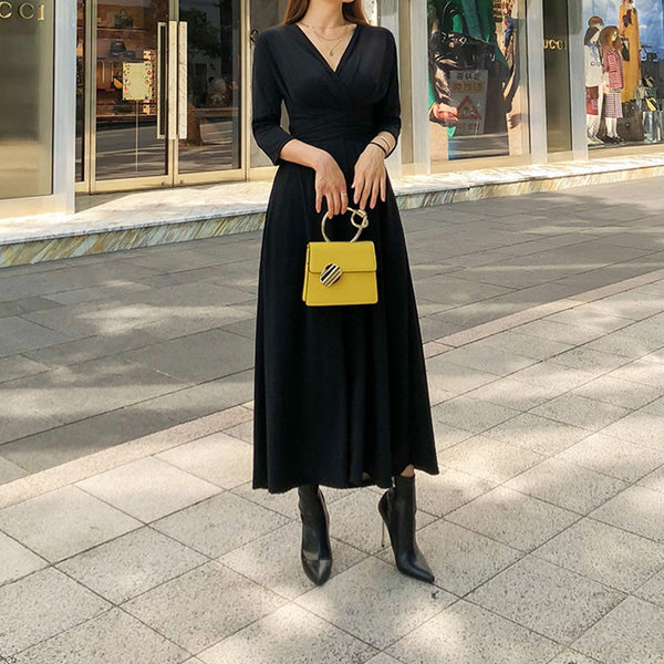comfortable v-neck party formal dress temperamental solid wild basic cute bow holiday long a-line dress