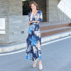 boho dress women elegant beach vacation sexy v-neck print split floral print wrap slim long a-line dress