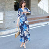 boho dress women elegant beach vacation sexy v-neck print split floral print wrap slim long a-line dress