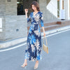 boho dress women elegant beach vacation sexy v-neck print split floral print wrap slim long a-line dress
