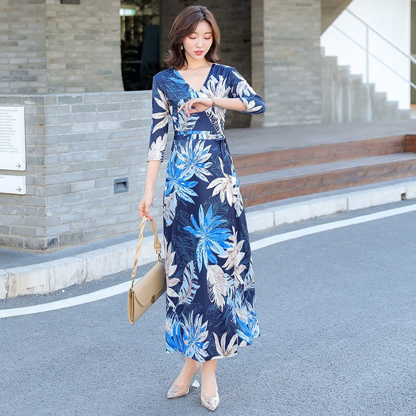 boho dress women elegant beach vacation sexy v-neck print split floral print wrap slim long a-line dress