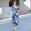 boho dress women elegant beach vacation sexy v-neck print split floral print wrap slim long a-line dress