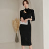 korean spring midi dress women OL professional temperament sexy hollow personality black slim pencil dress