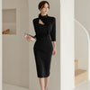 korean spring midi dress women OL professional temperament sexy hollow personality black slim pencil dress