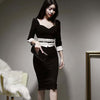 korean spring midi dress women OL professional temperament square collar black white stitching slim dress